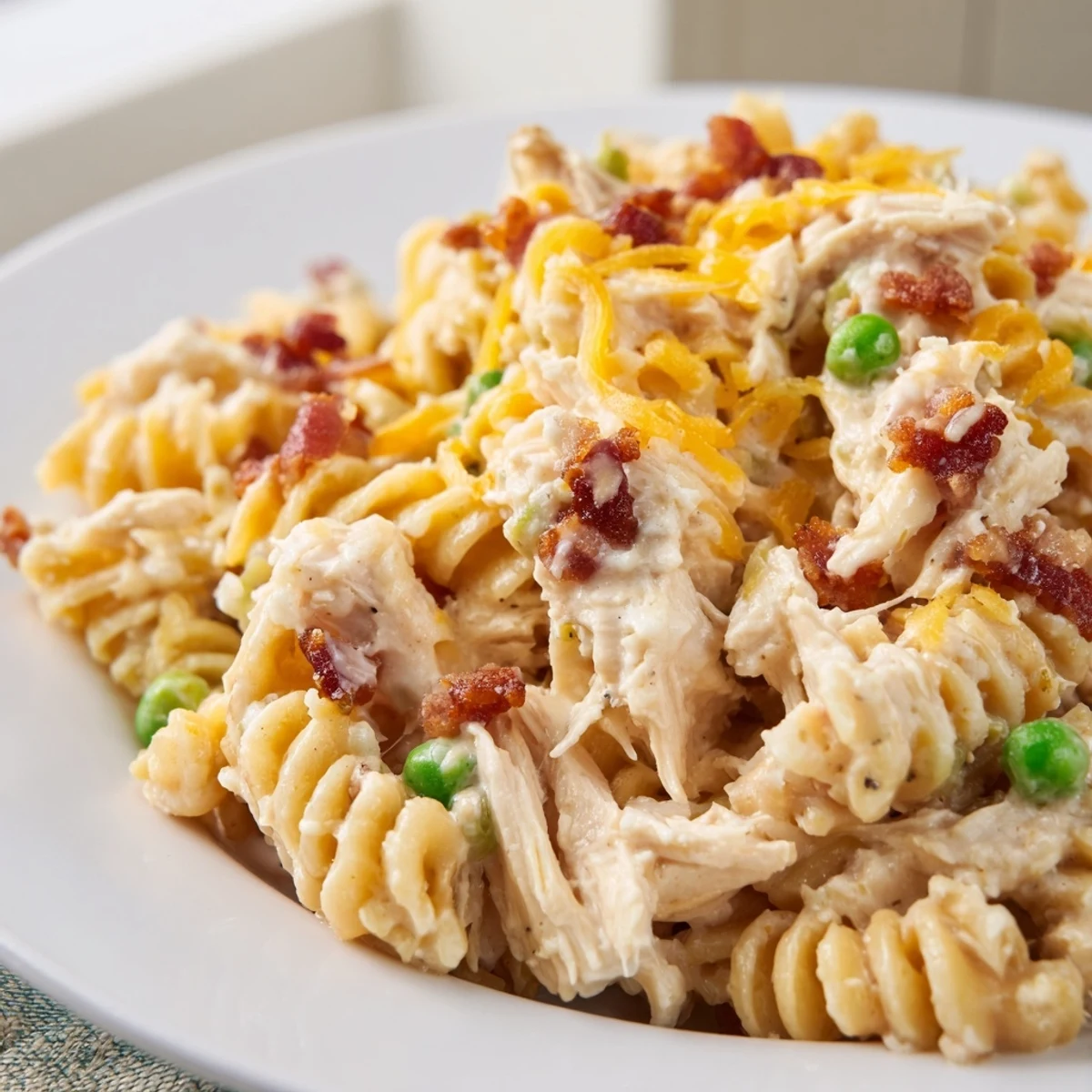 Slow cooker Crack Chicken Casserole bubbling with cheesy goodness, topped with crumbled bacon and fresh green onions for easy comfort food