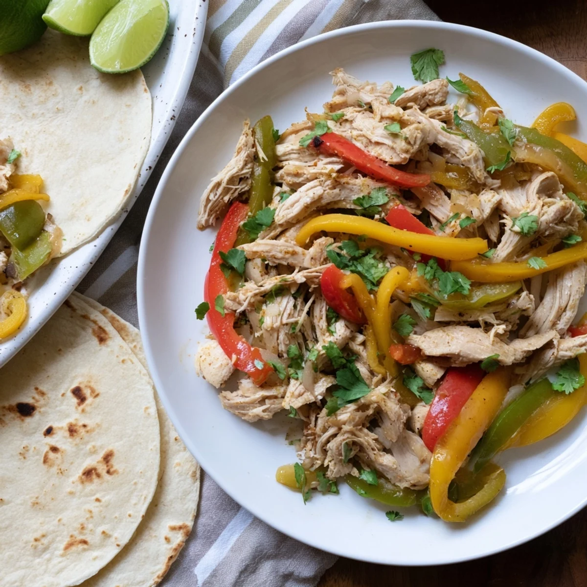 Slow cooker chicken fajitas served warm in tortillas with fresh cilantro and lime