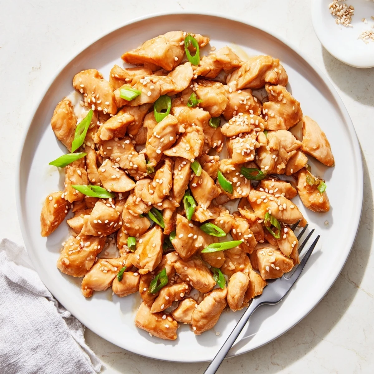 Tender shredded Crockpot Teriyaki Chicken served over steamed white rice with green onions
