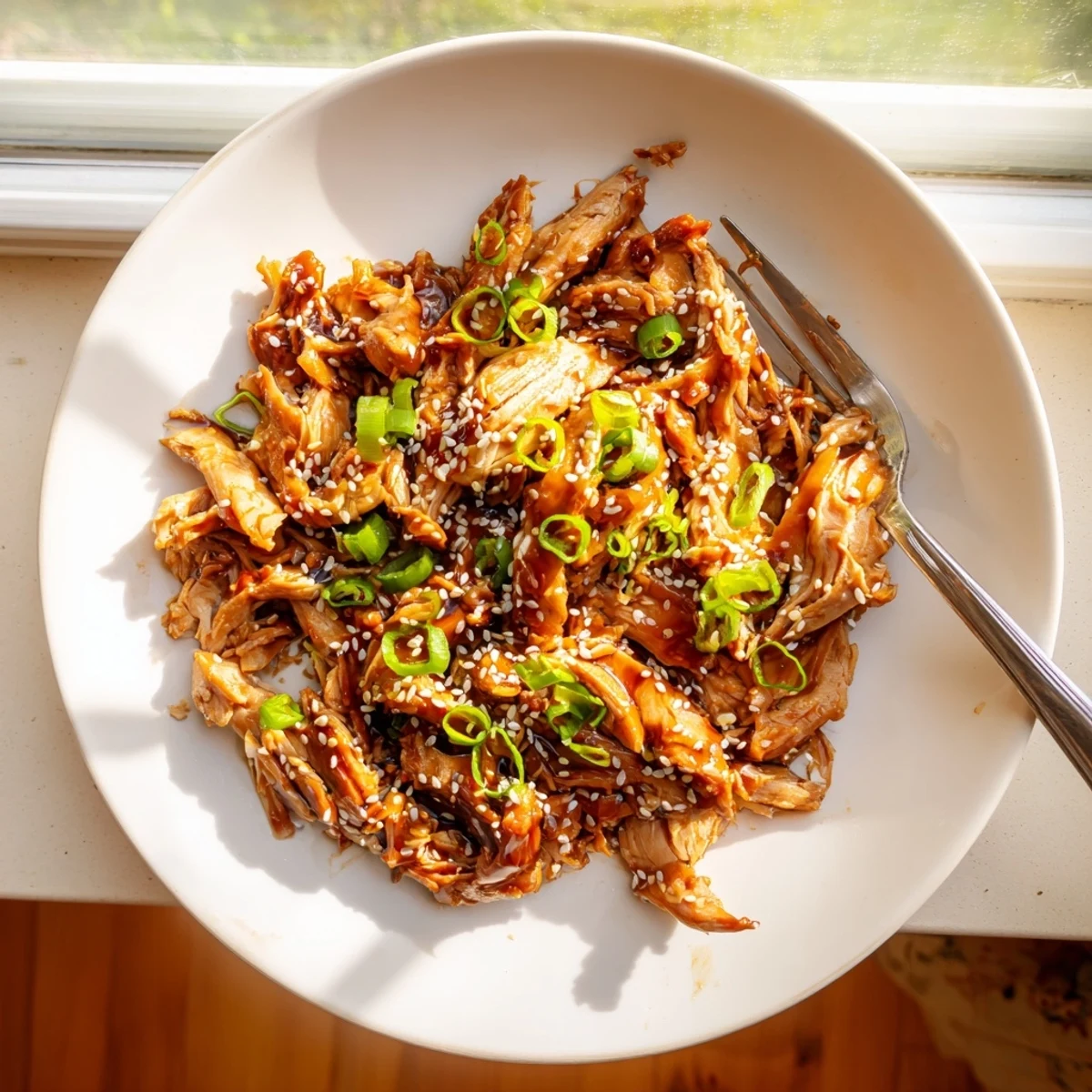 Slow cooker teriyaki chicken glazed in sticky sauce and garnished with sesame seeds