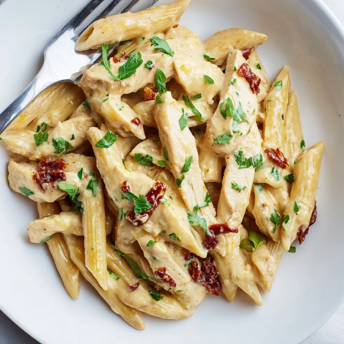 Golden brown sliced chicken resting on penne pasta coated in creamy Parmesan sauce with sun-dried tomatoes