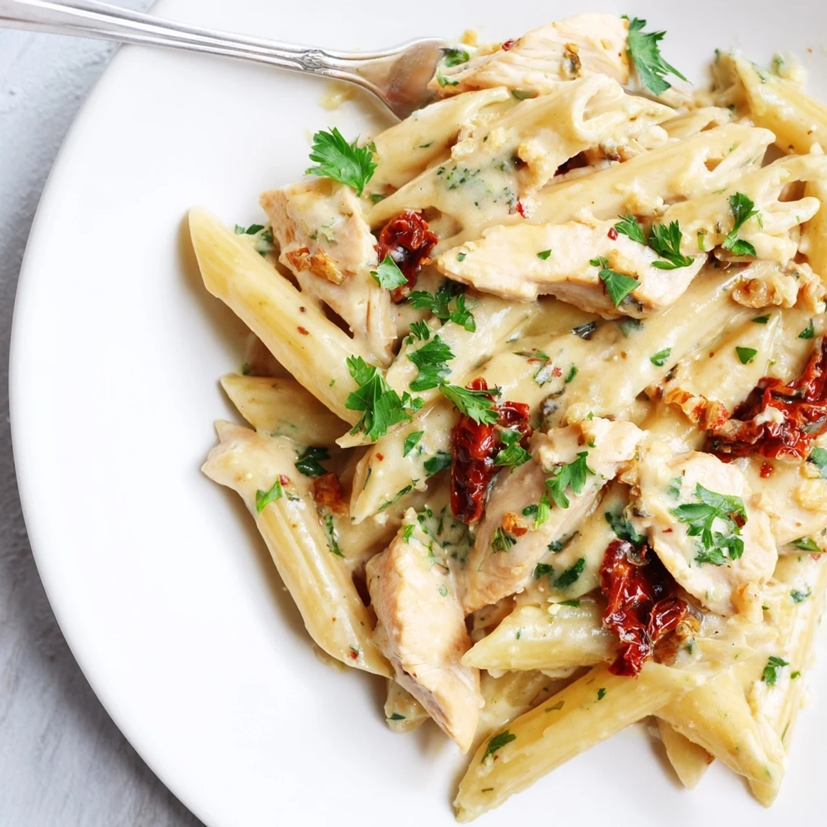 Rich and tender chicken pasta dish in a rustic bowl with vibrant red sun-dried tomato pieces visible