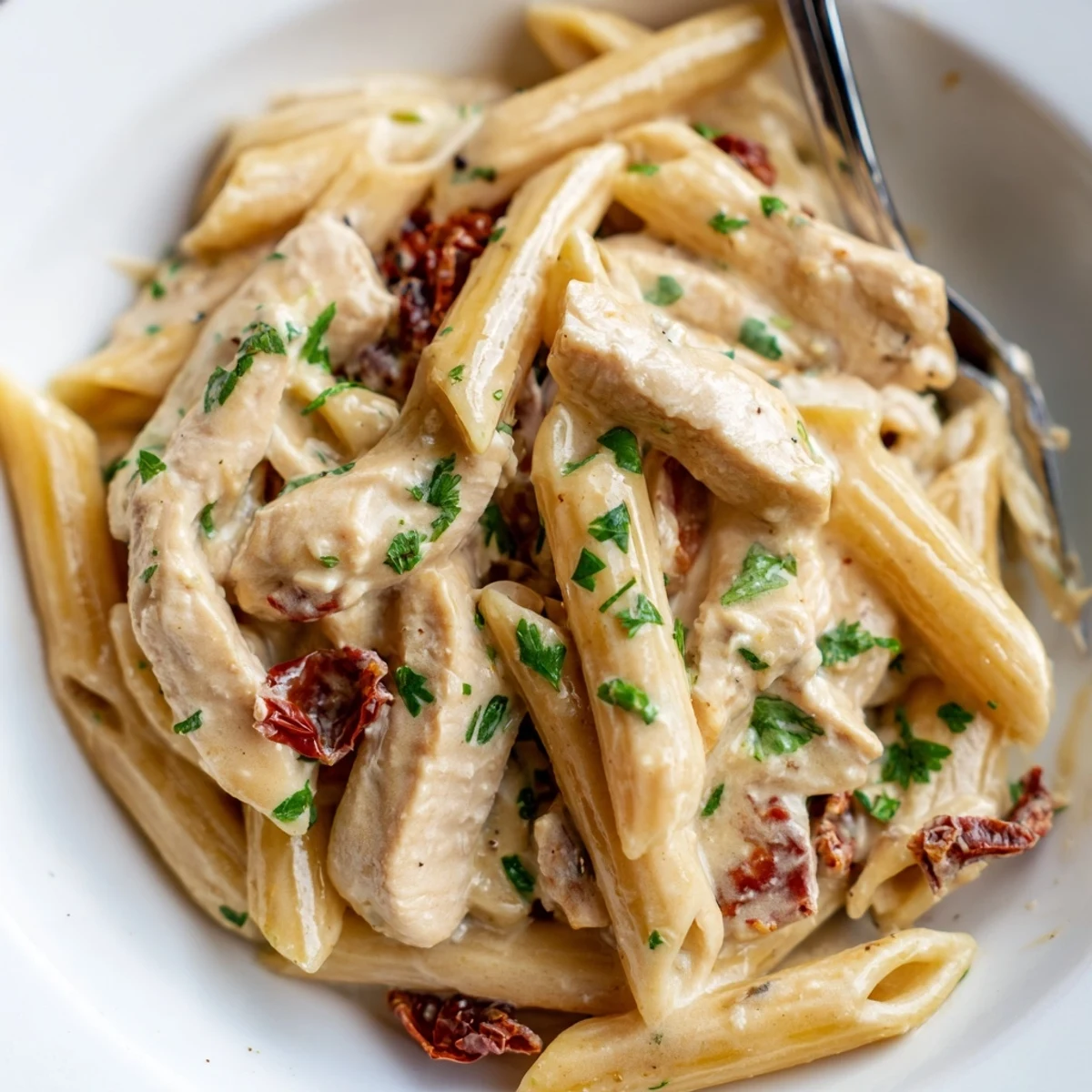 Creamy Marry Me Chicken Pasta twirled on a white plate garnished with fresh basil and grated cheese