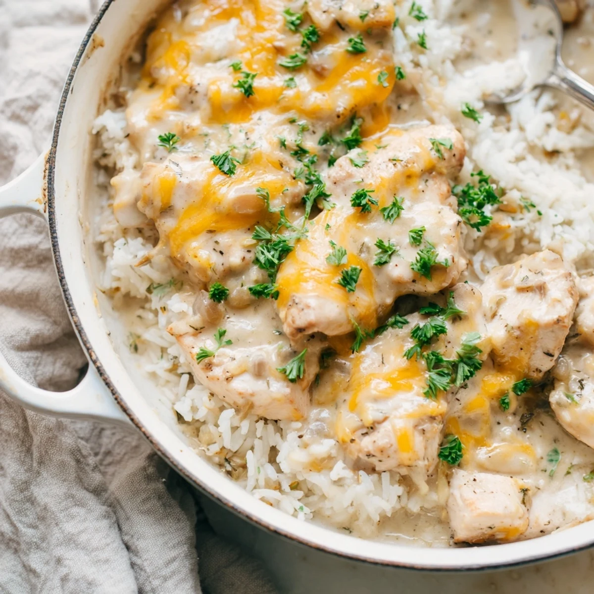 Juicy chicken breasts nestled in fluffy rice swim under melted cheddar in this comforting creamy smothered chicken and rice one-pan meal