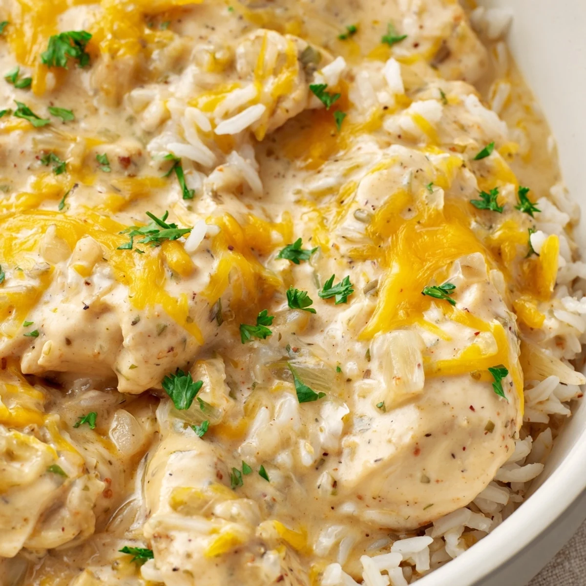Golden cheesy crust blankets tender chicken and rice in this creamy smothered chicken and rice dish bubbling in a cast iron skillet
