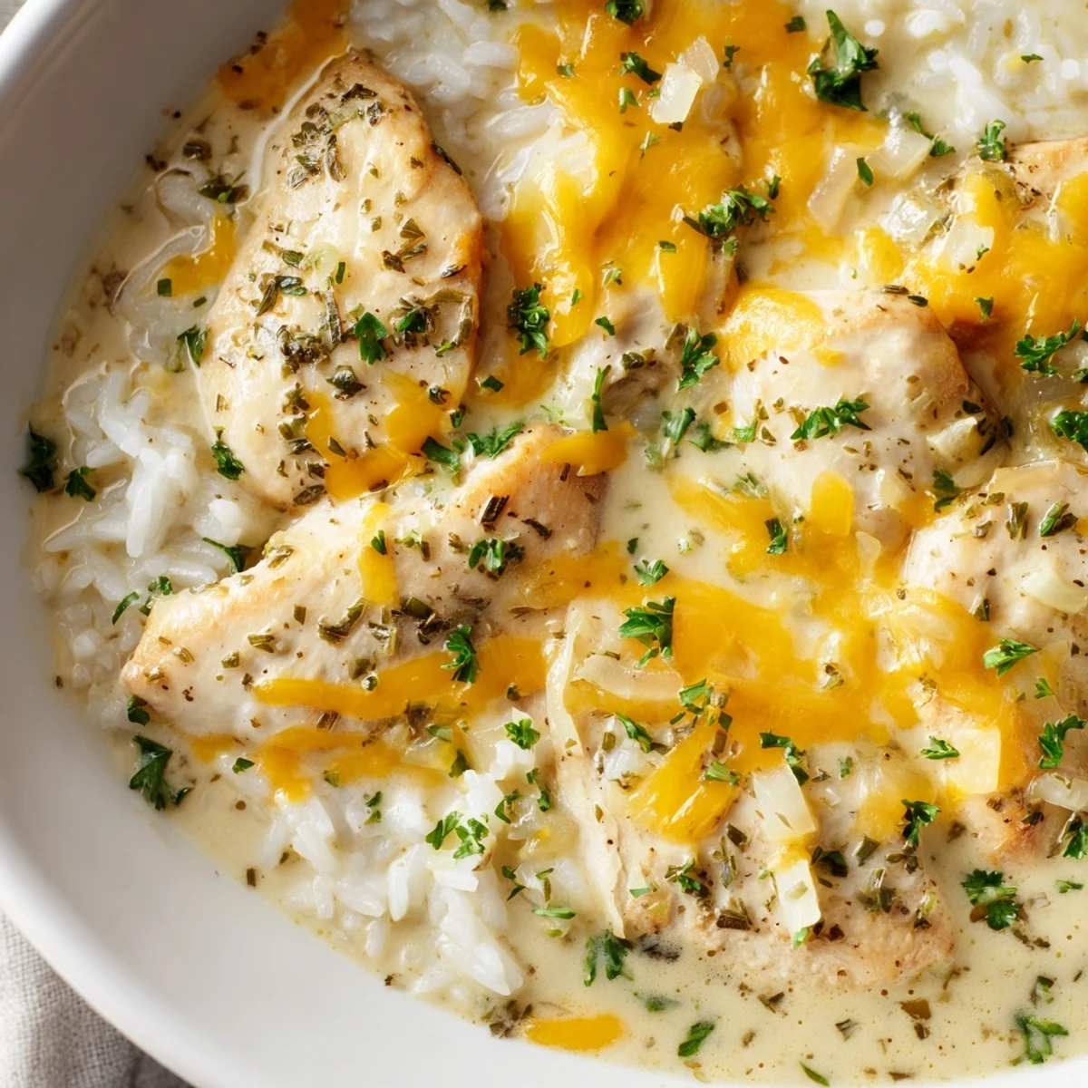 Fresh parsley garnishes this homestyle creamy smothered chicken and rice featuring perfectly cooked grains and tender smothered poultry in rich sauce
