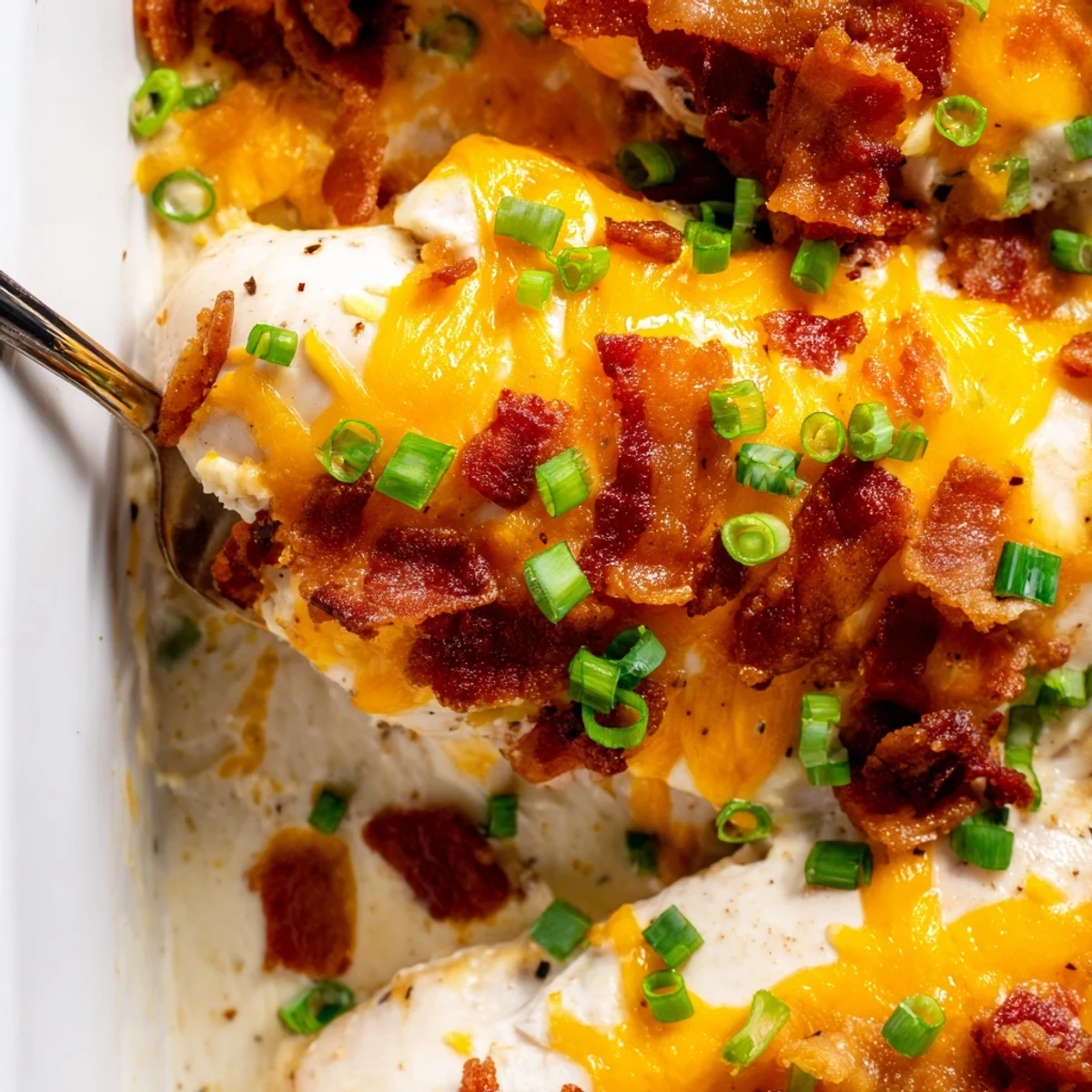 Creamy crack chicken baked with melted cheddar and crispy bacon topping
