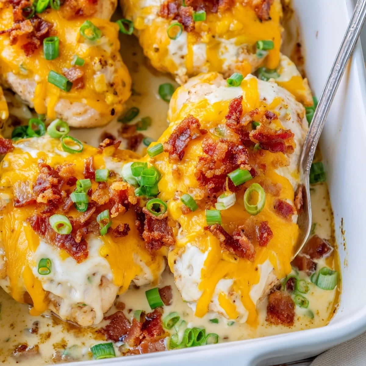 Savory crack chicken casserole topped with golden cheese and crumbled bacon strips