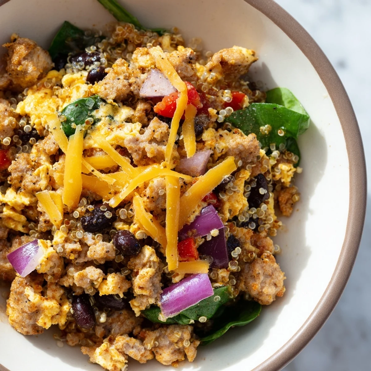 High protein freezer friendly breakfast bowls meal prep with eggs sausage and colorful vegetables