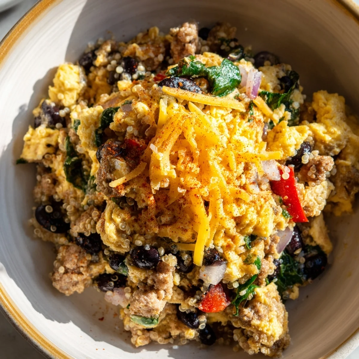 Hearty high protein freezer friendly breakfast bowl featuring quinoa beans and melted cheese topping