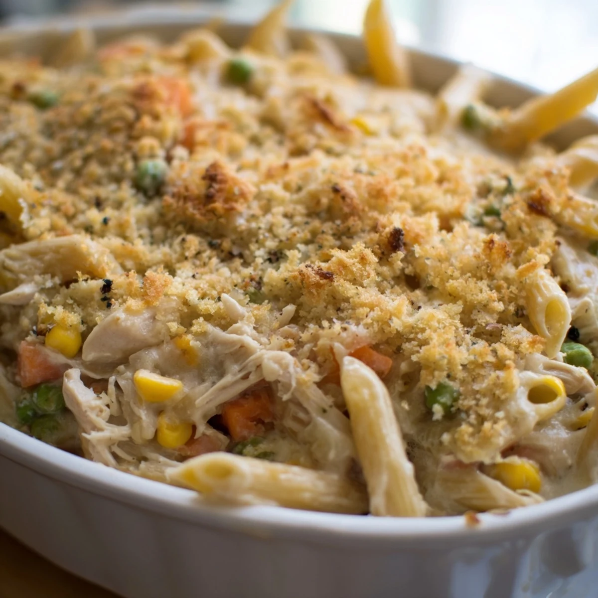 Creamy chicken pot pie pasta baked with golden parmesan panko topping and tender vegetables