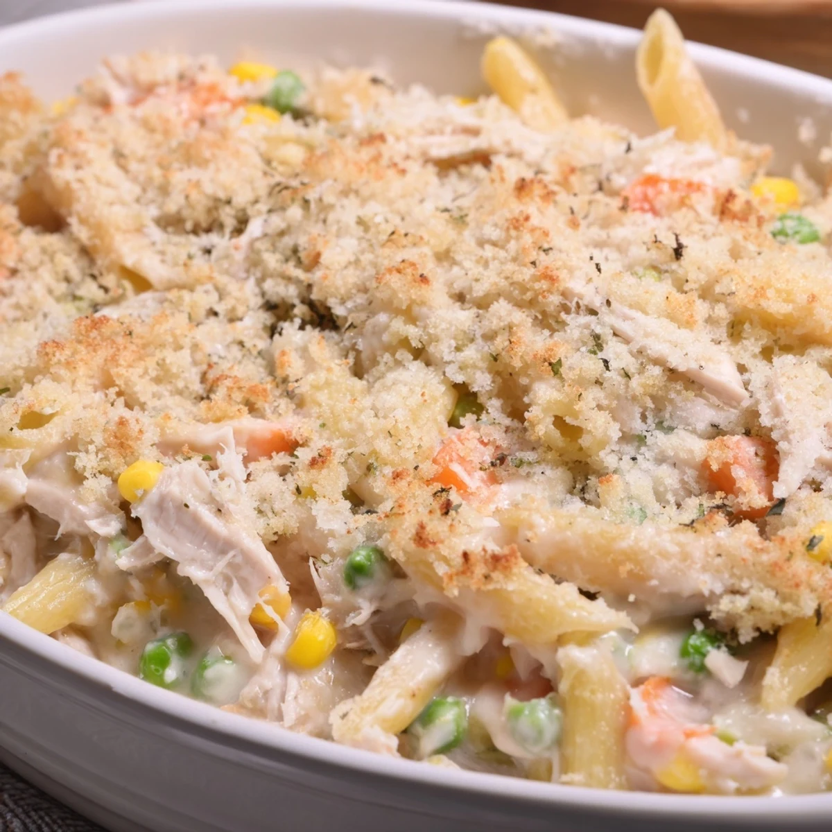 Hearty chicken pot pie pasta casserole bubbling with shredded chicken peas and carrots in savory white sauce