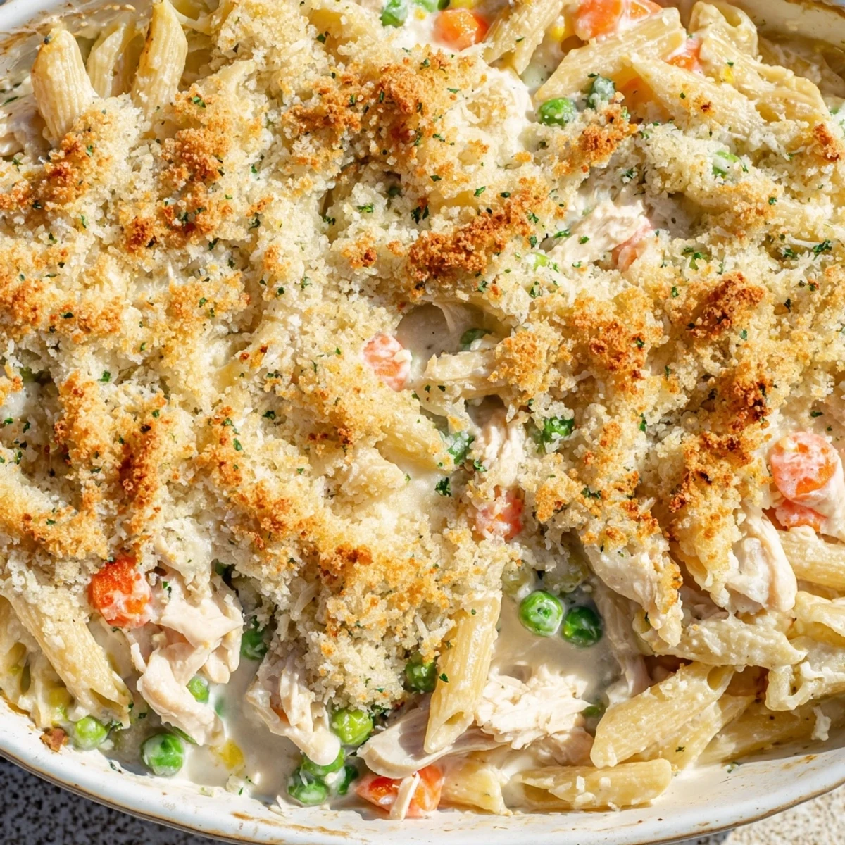 Baked chicken pot pie pasta dish topped with buttery parmesan breadcrumbs and colorful mixed vegetables