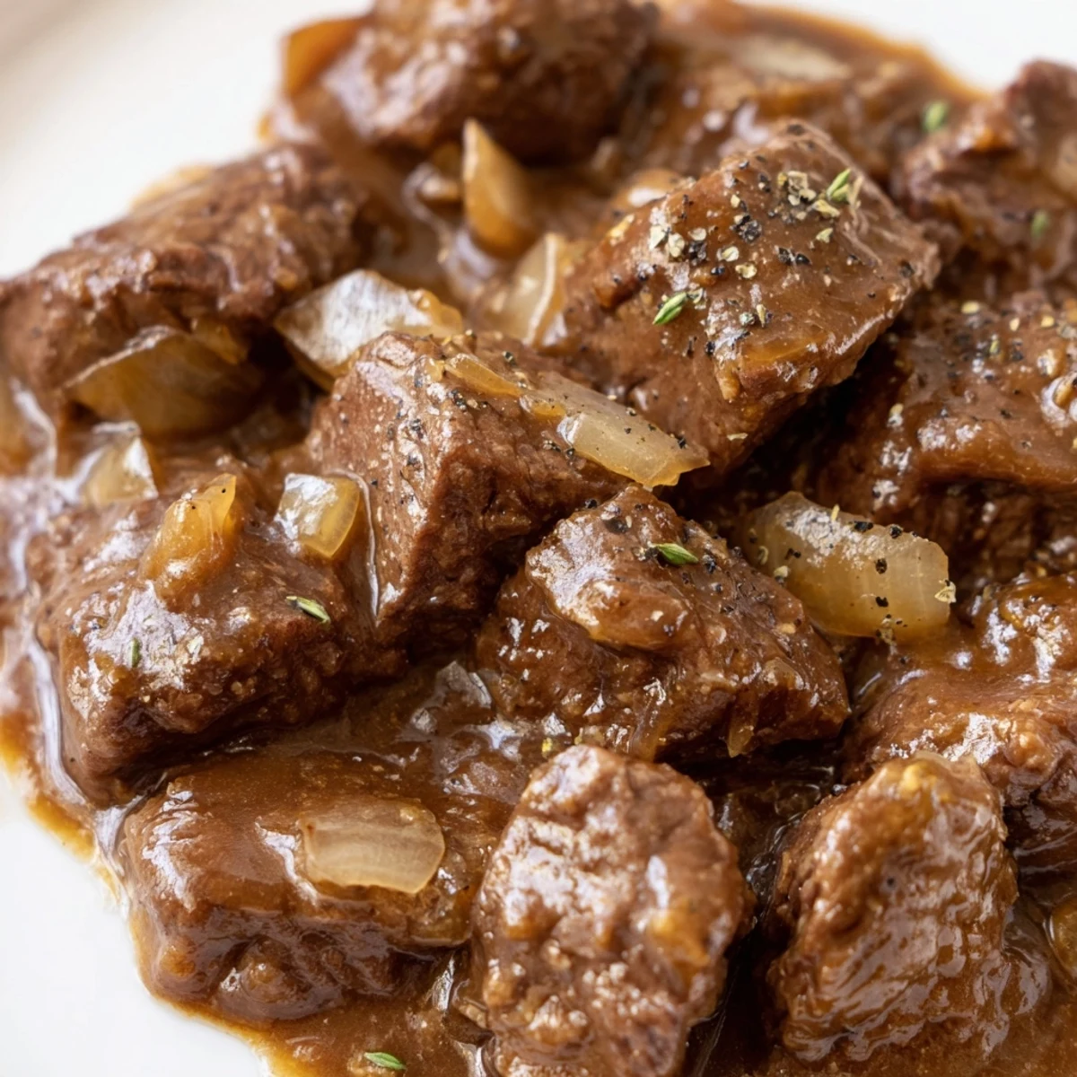 Fork-tender slow cooker beef tips and gravy coated in a thick, flavorful dark brown sauce
