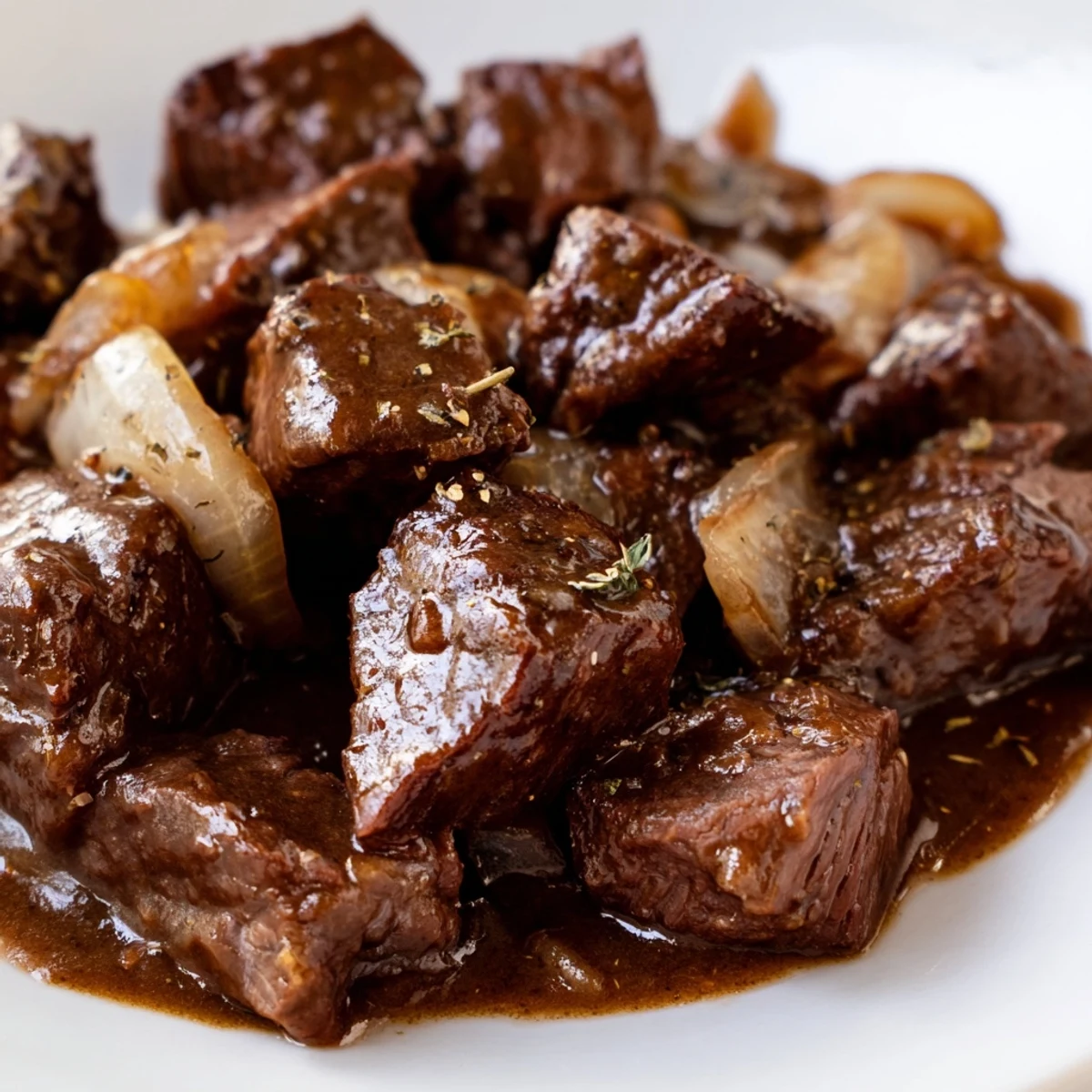 Tender slow cooker beef tips and gravy served over fluffy mashed potatoes with fresh parsley garnish