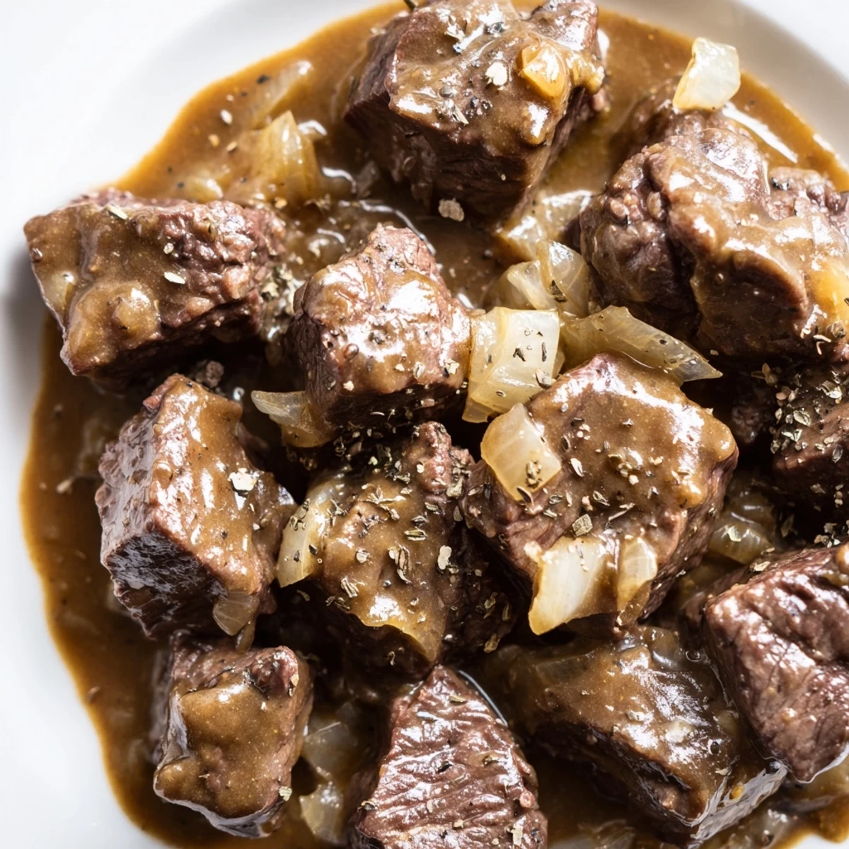 Savory slow cooker beef tips and gravy in a rich brown sauce alongside buttery egg noodles