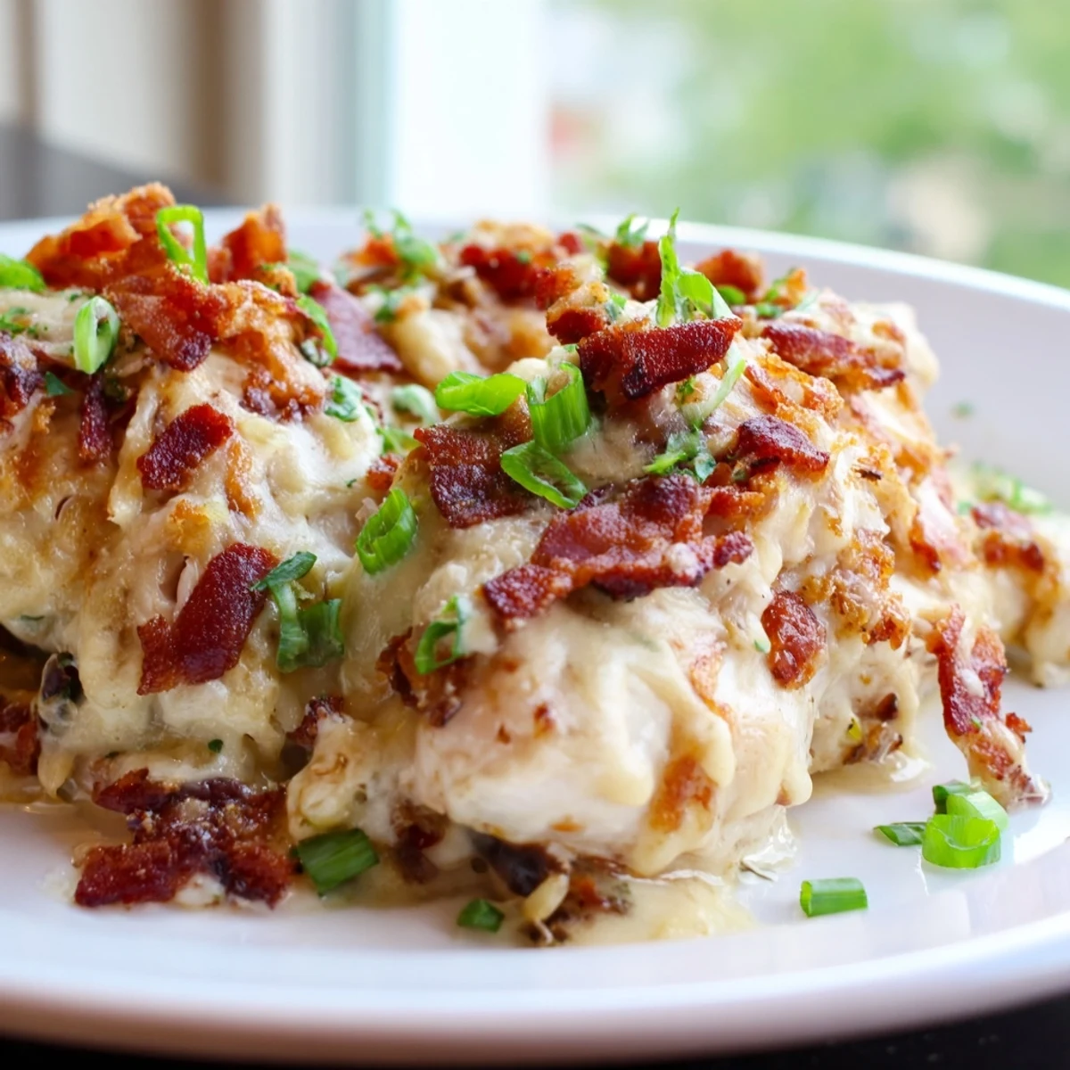 Golden brown Crockpot Million Dollar Chicken topped with melted cheese and crispy bacon crumbles