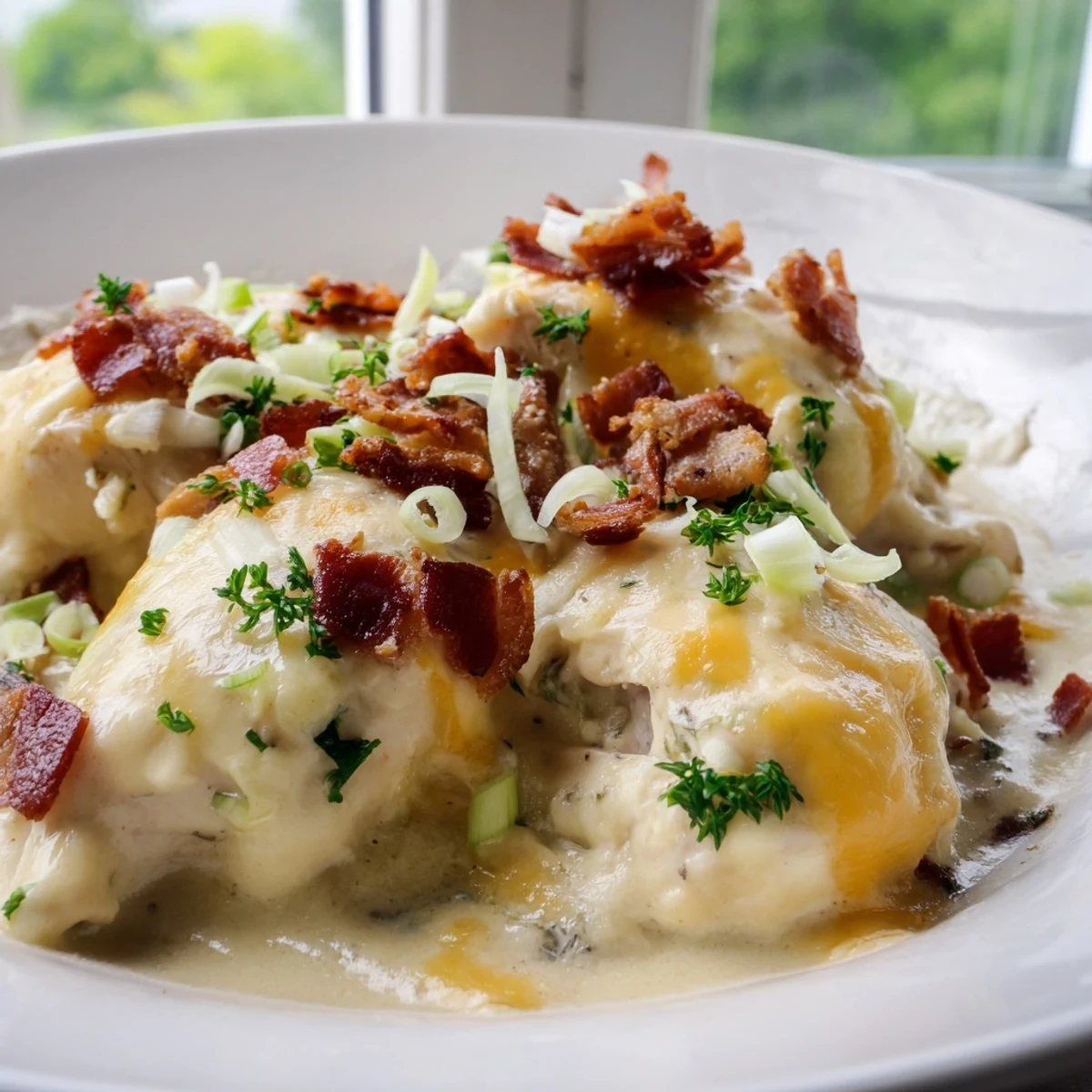 Rich Crockpot Million Dollar Chicken with gooey mozzarella parmesan topping and bacon bits