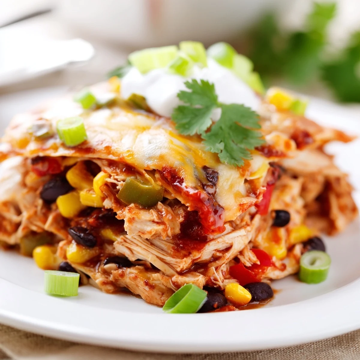 Layered Crockpot Chicken Enchilada Casserole with melted cheese and tortillas bubbling in slow cooker