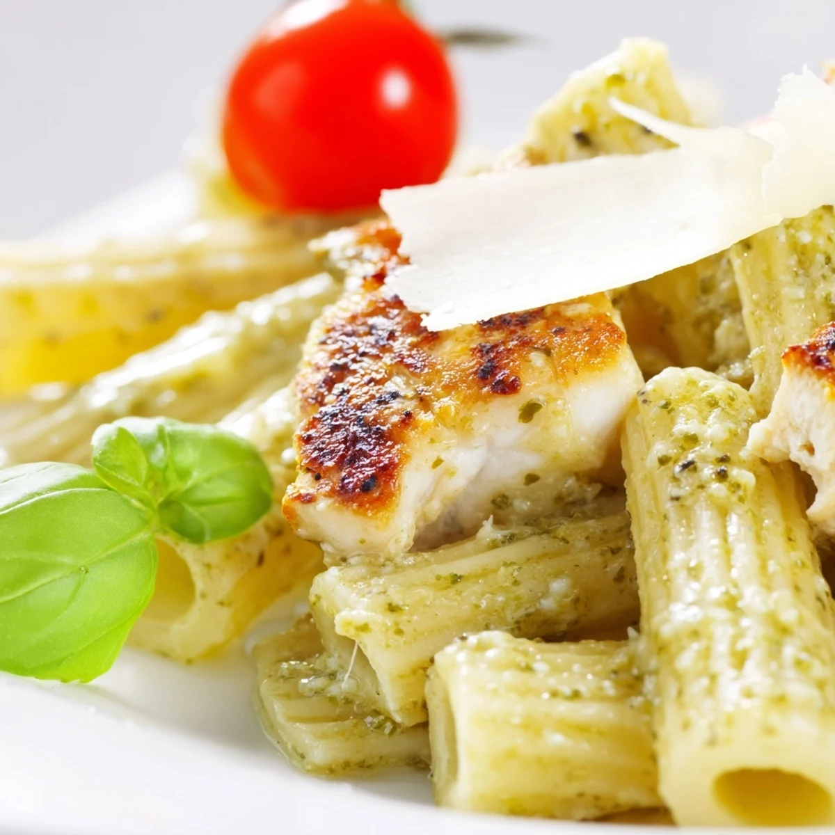 Golden brown chicken pieces tossed in a velvety basil pesto cream sauce over penne pasta