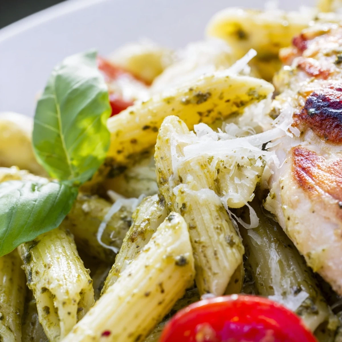 Creamy pesto chicken pasta plated with fresh basil garnish and juicy cherry tomato halves
