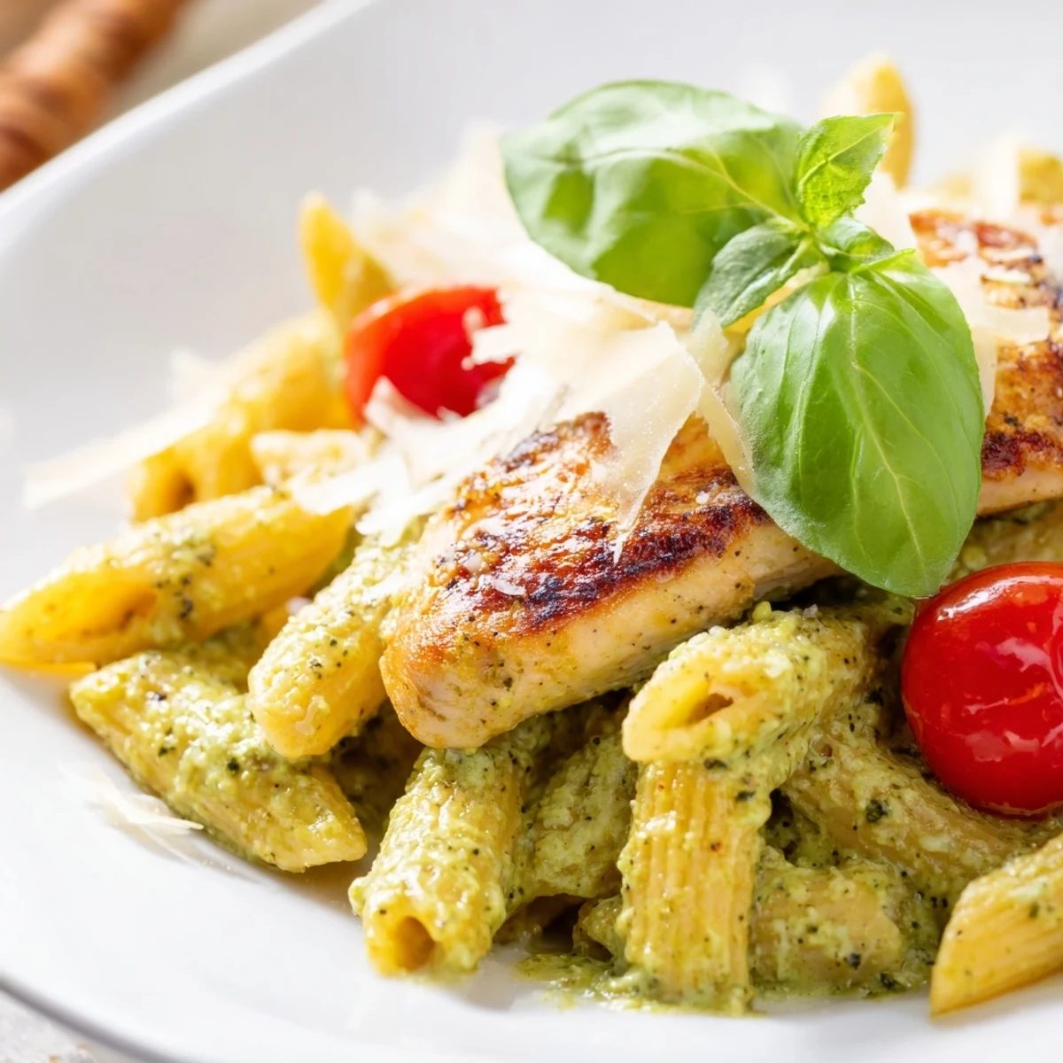 Steaming bowl of Italian-style creamy pesto chicken pasta with melted Parmesan and tender pasta swirls