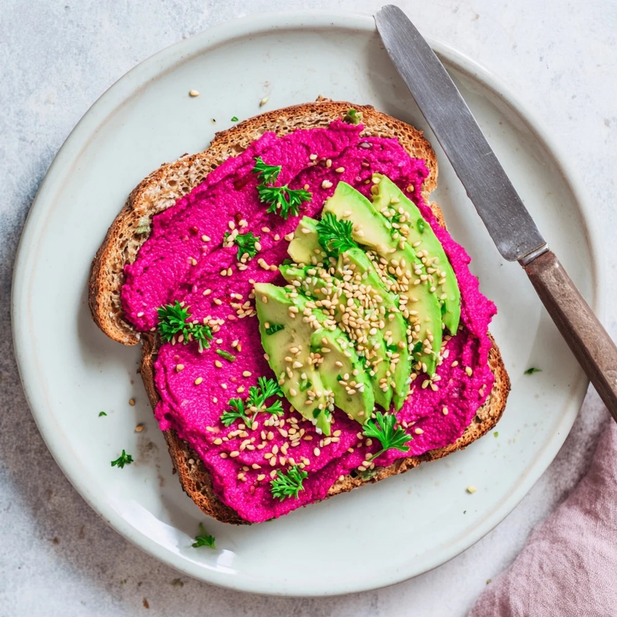 Golden avocado beet hummus toast layered with green slices and vibrant pink spread on sourdough bread