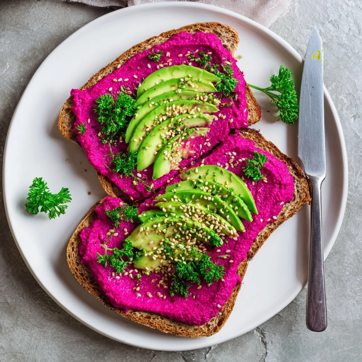 Mediterranean-style avocado beet hummus toast featuring thick sliced avocado and bright red hummus on toasted whole grain bread