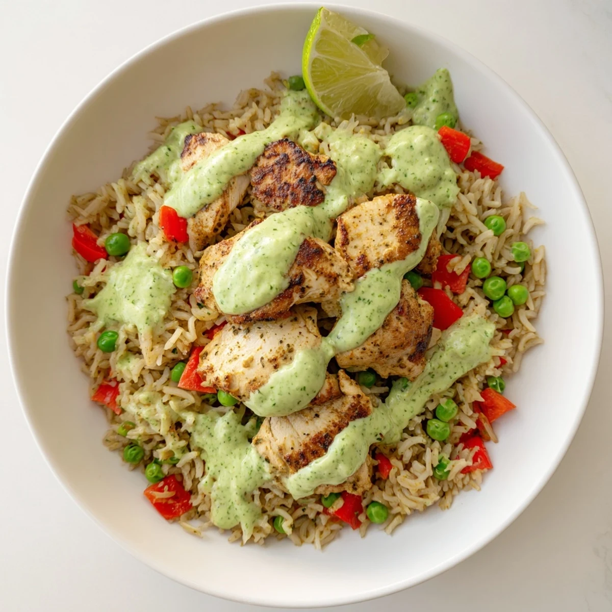 Golden chicken thighs nestled over fluffy cilantro rice topped with vibrant Peruvian green sauce