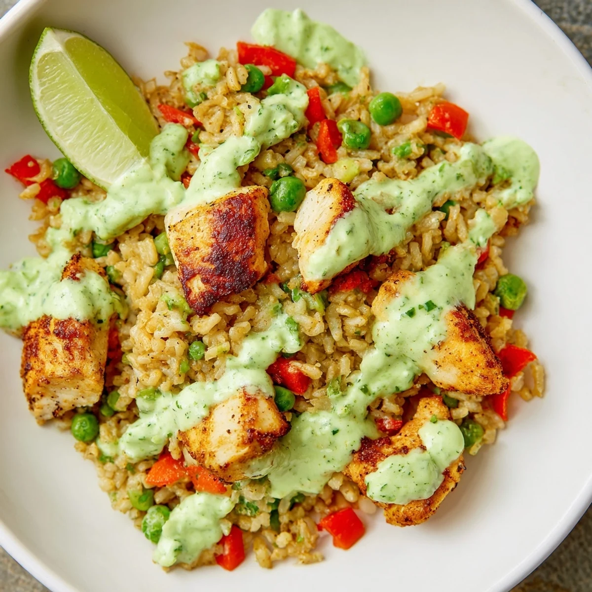 Comforting Peruvian chicken rice plated with herbaceous green sauce and colorful red bell peppers