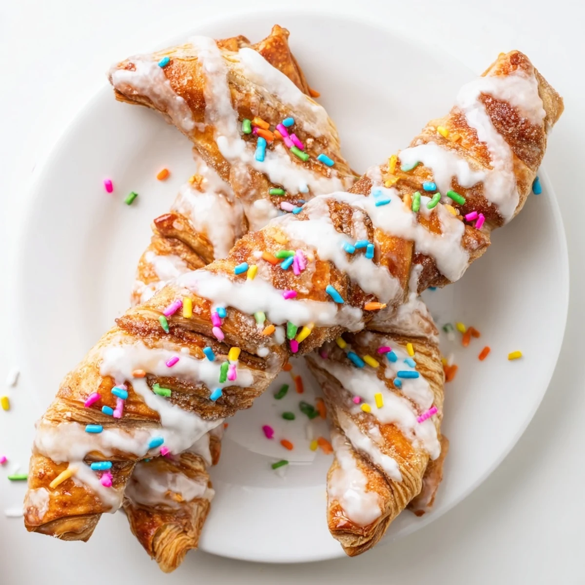 Golden Easter Bunny Twists pastry drizzled with white icing and colorful sprinkles on a white plate