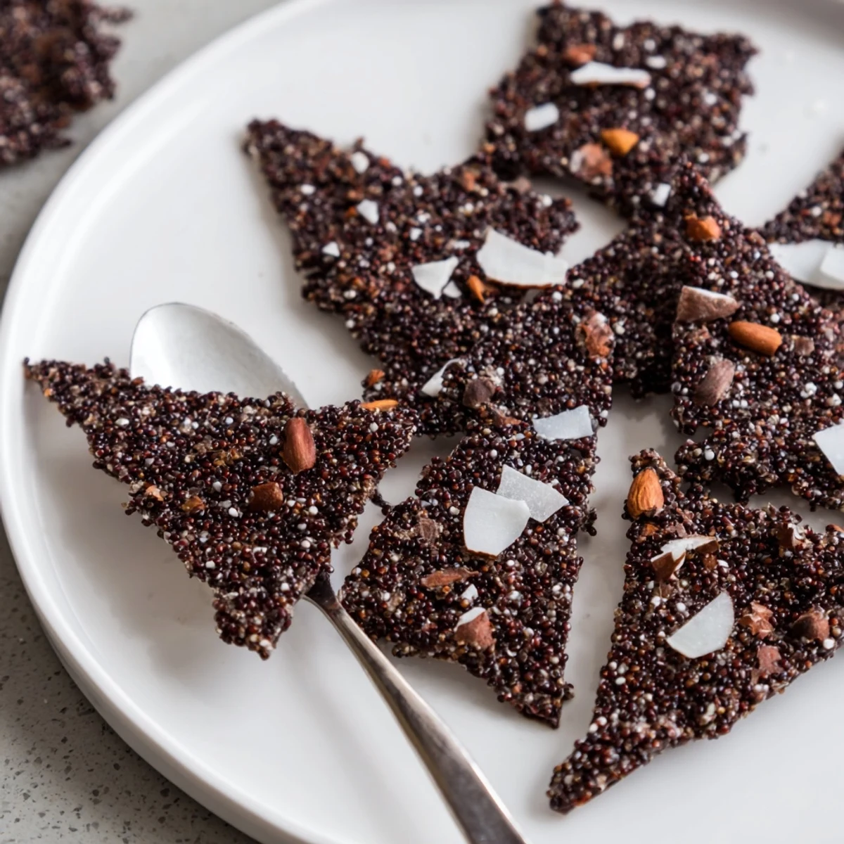 Dark chocolate quinoa crisps with toasted grains and sea salt on parchment paper
