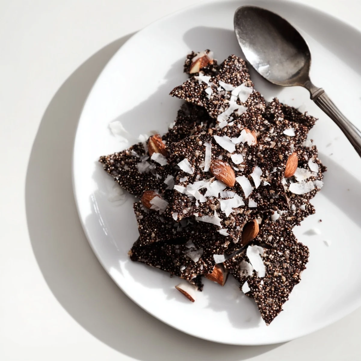 Bite-sized dark chocolate quinoa crisps arranged on a white serving plate