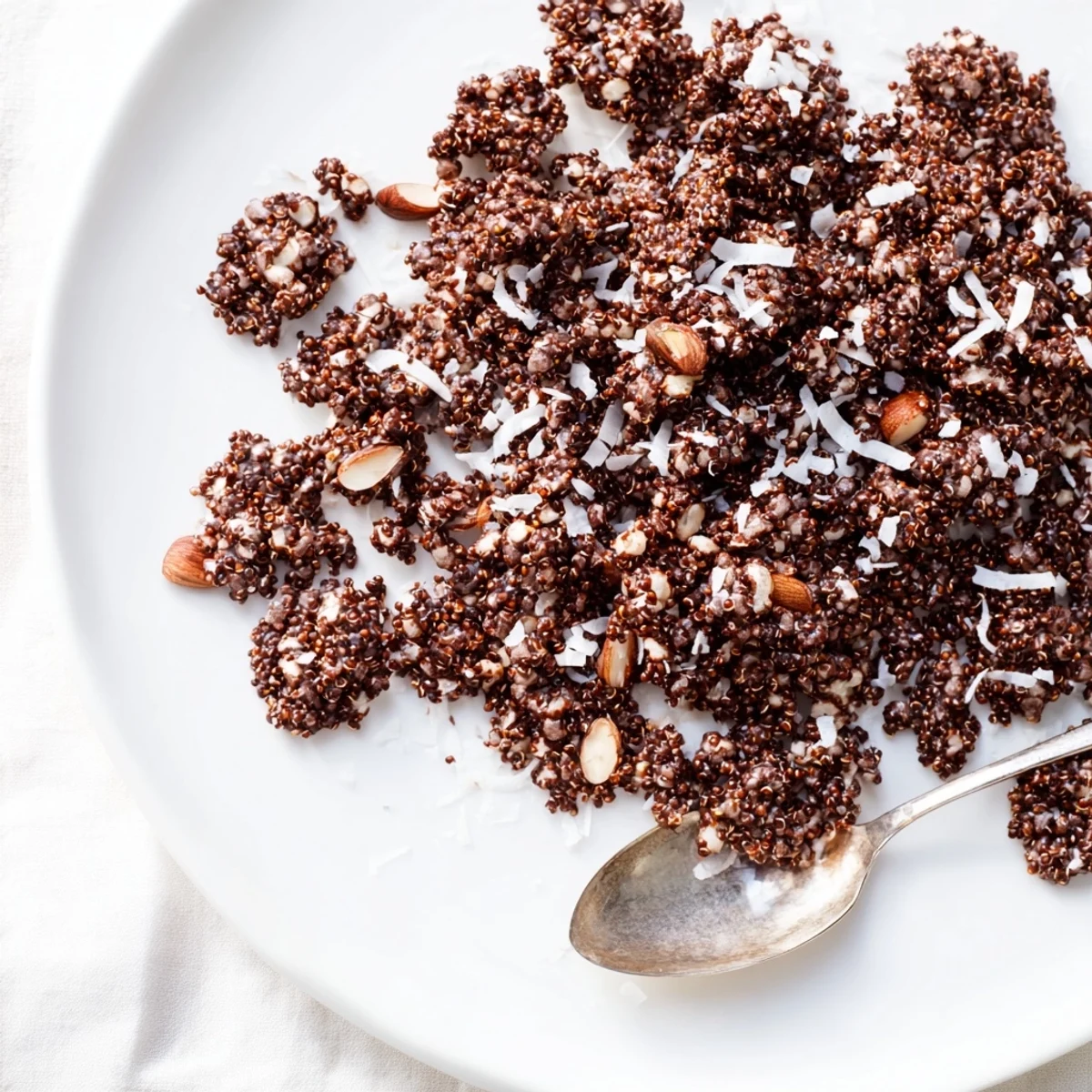 Glossy dark chocolate quinoa crisps sprinkled with sea salt ready for snacking