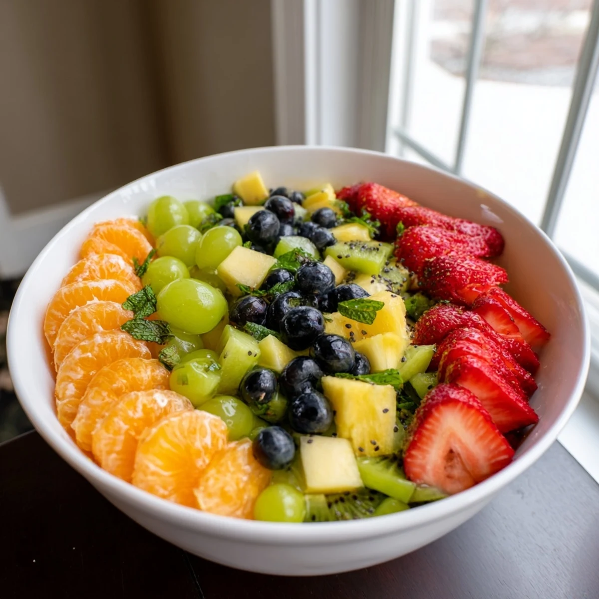 Colorful Easter fruit salad bowl filled with fresh strawberries, pineapple, kiwi, and mint garnish