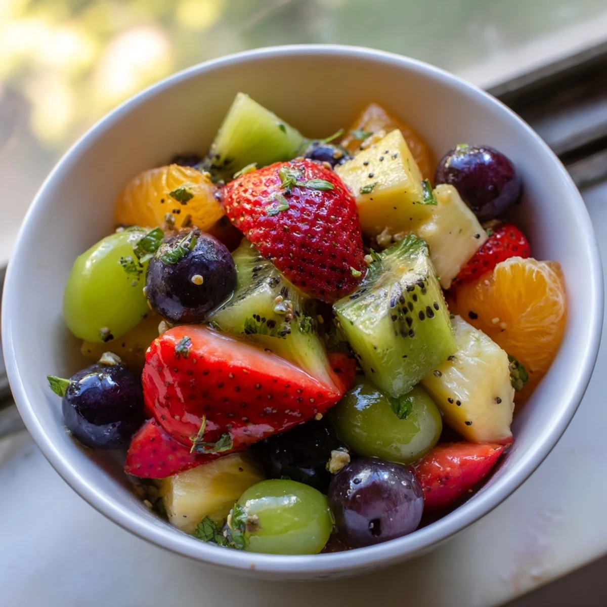 Vibrant Easter fruit salad displaying blueberries, grapes, mandarin oranges, and chopped mint for festive brunch