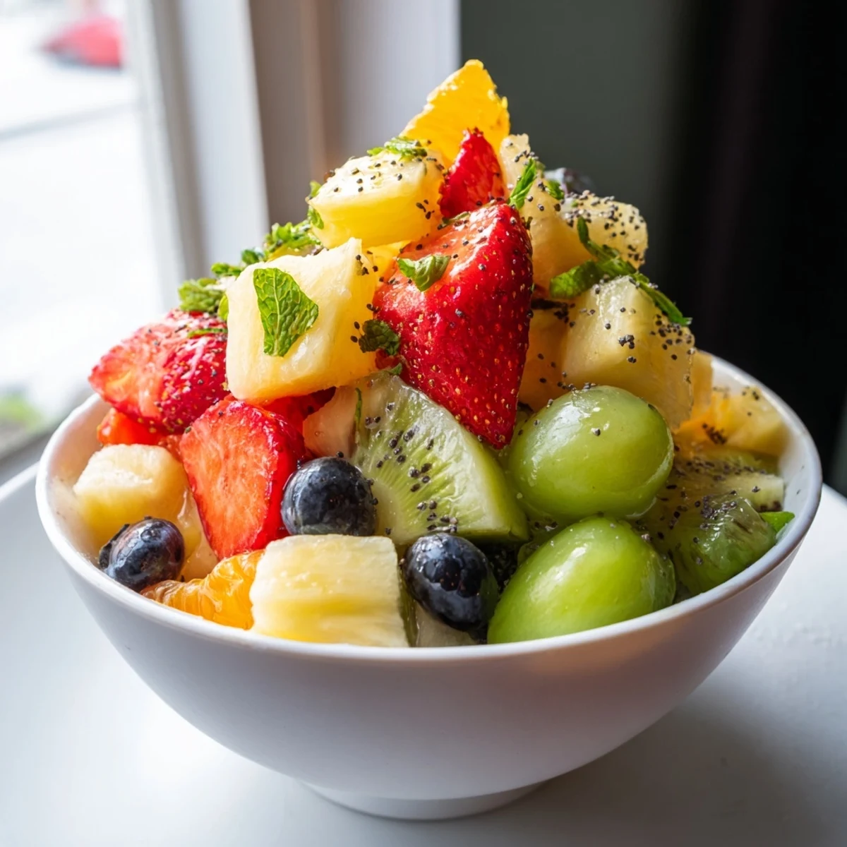 Refreshing Easter fruit salad with honey lime dressing and mixed spring fruits in glass serving dish