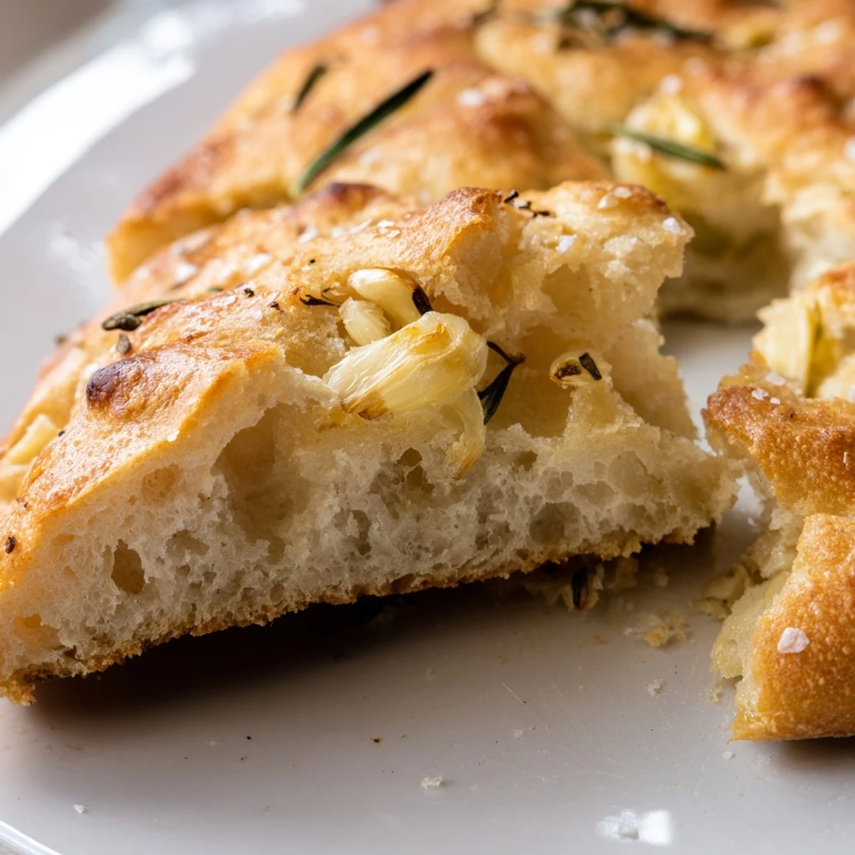 Golden rustic garlic rosemary skillet bread with crisp edges and chewy interior, sprinkled with flaky sea salt
