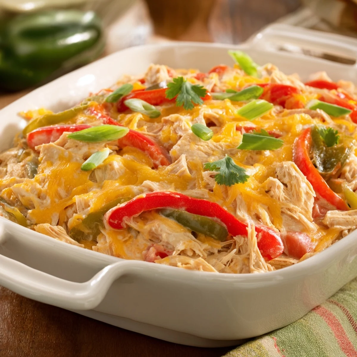 Golden bubbling cheesy chicken fajita casserole topped with melted Mexican cheese and colorful peppers