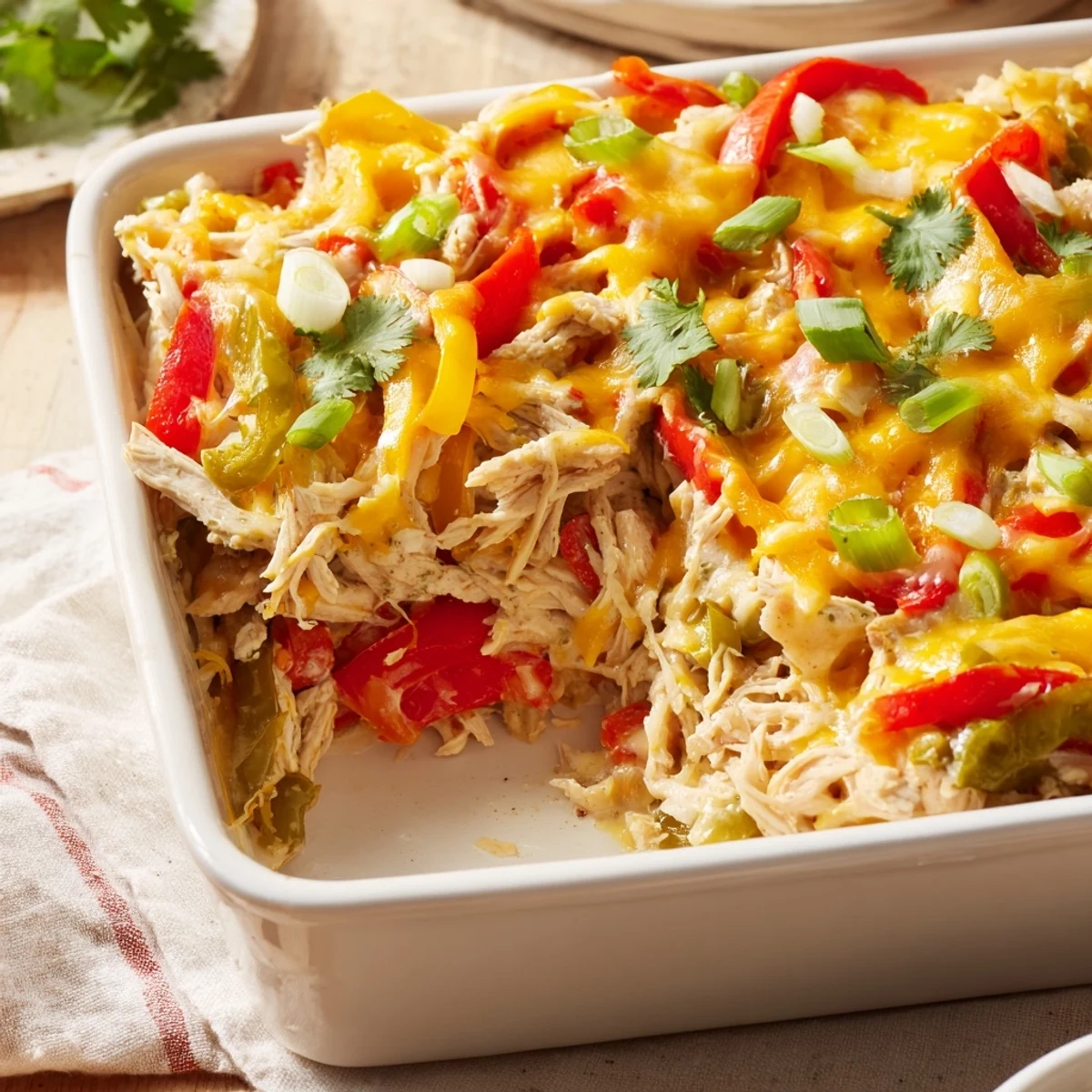 Oven-baked cheesy chicken fajita casserole with tender chicken strips and vibrant bell pepper slices