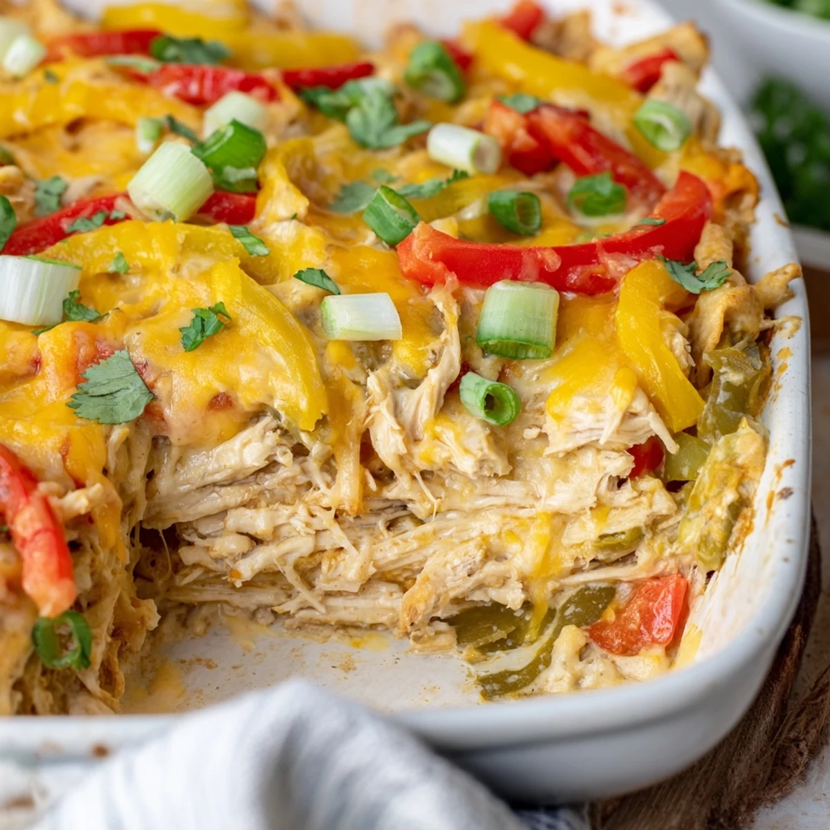 Steamy cheesy chicken fajita casserole garnished with fresh cilantro and melted shredded cheese layers
