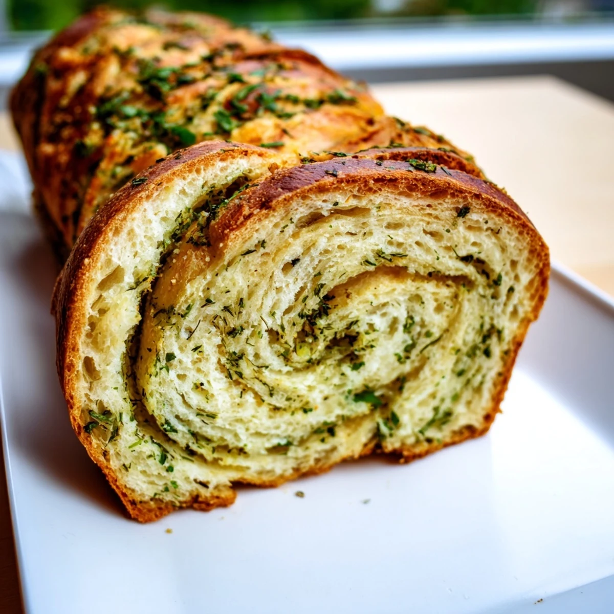 Sliced warm garlic and herb bread revealing soft interior flecked with fresh parsley and rosemary