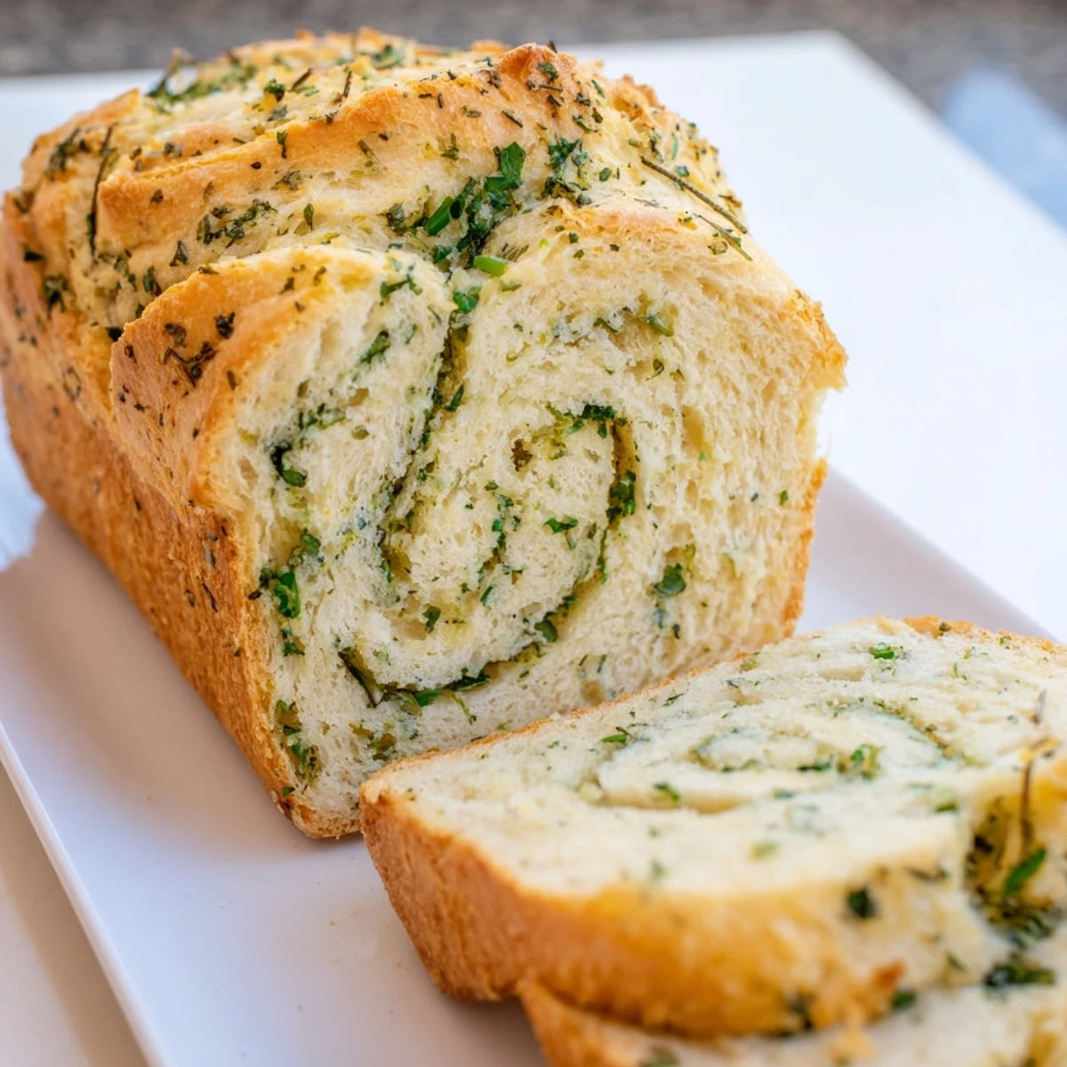 Golden garlic and herb bread loaf fresh from the oven with a glossy buttery top