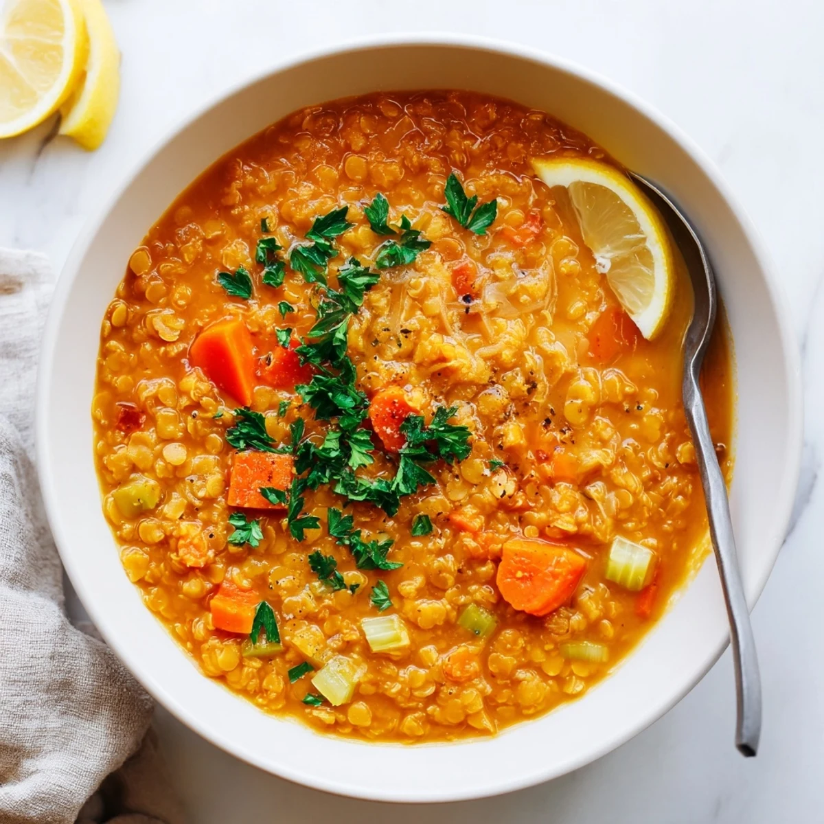 Bowl of caramelized onion red lentil soup garnished with fresh parsley and lemon