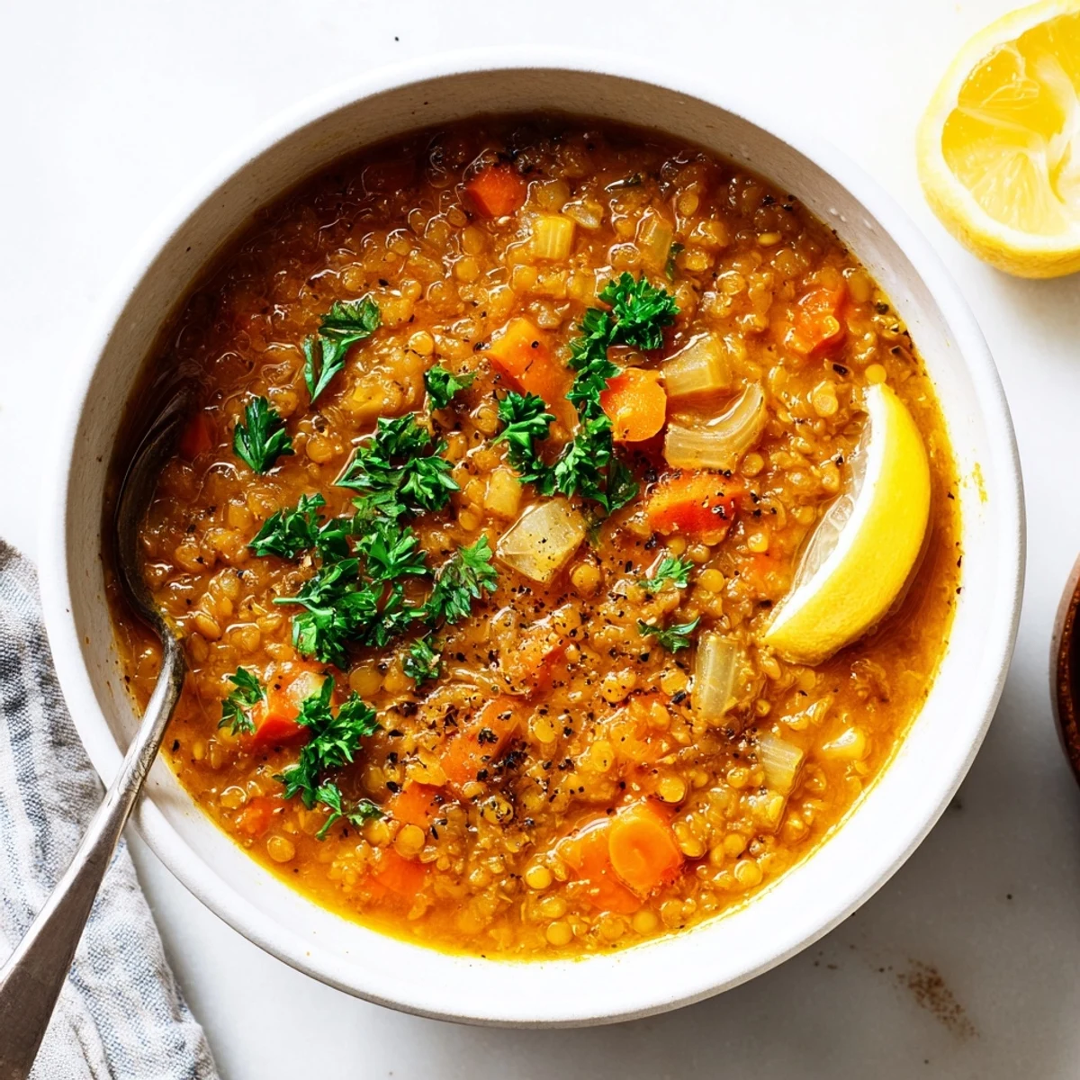 Golden caramelized onion red lentil soup in white bowl with vibrant green parsley