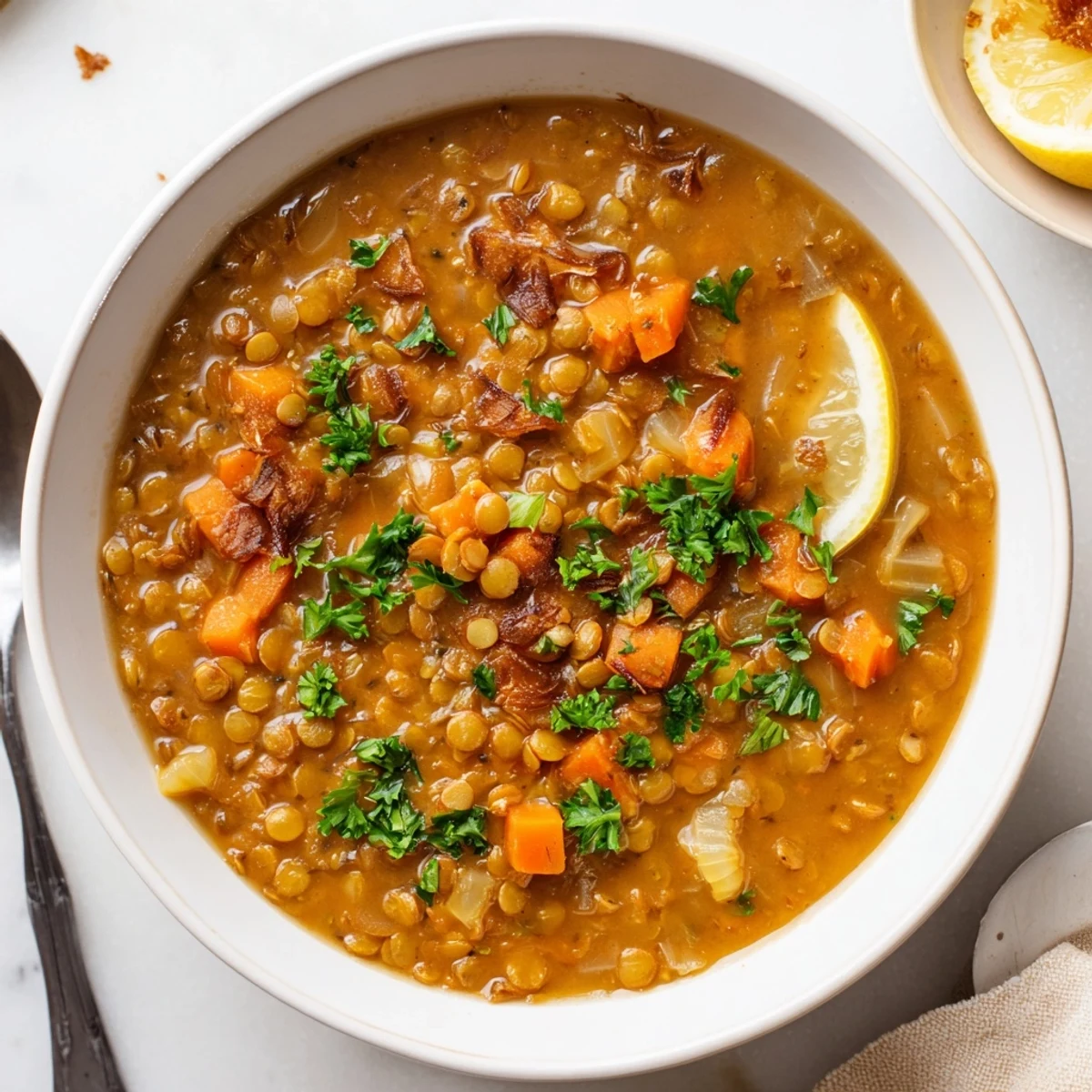 Creamy caramelized onion red lentil soup served with crusty bread for dipping