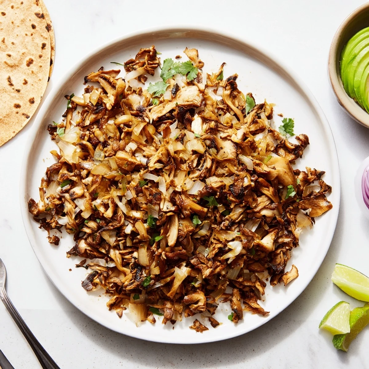 Savory mushroom carnitas with orange and lime glaze served on warm corn tortillas with fresh cilantro