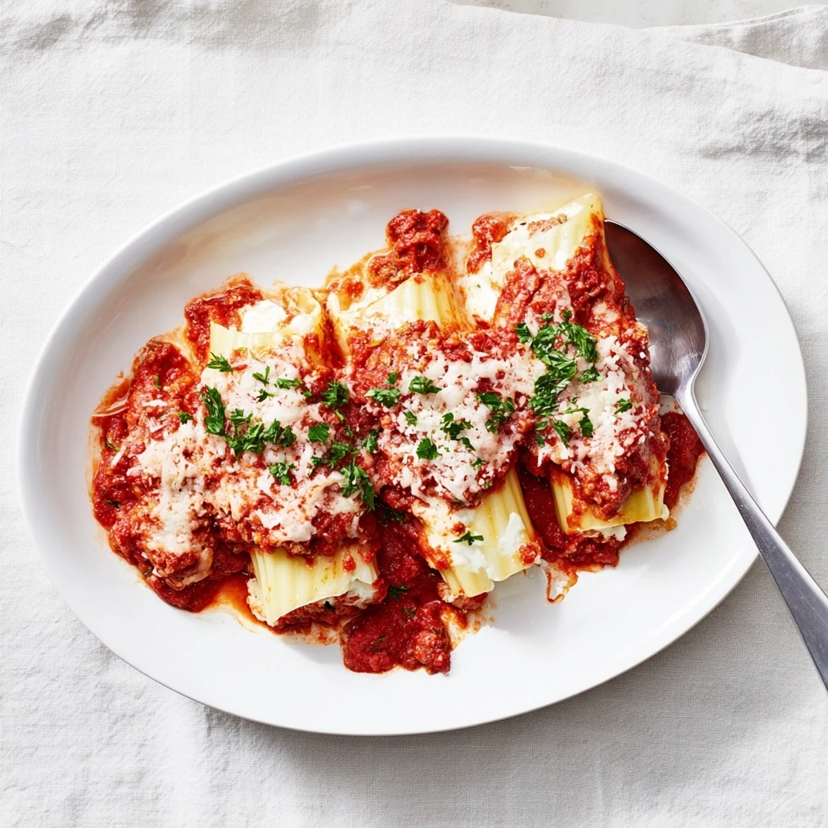 Golden baked cheesy stuffed manicotti smothered in rich homemade meat sauce with melted mozzarella topping