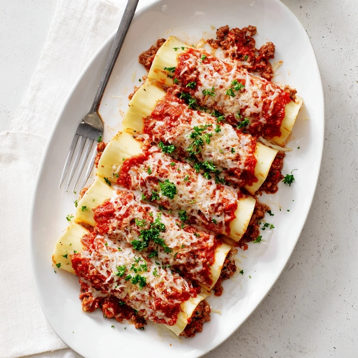Tender pasta tubes filled with creamy ricotta cheese blend nestled in savory seasoned tomato beef sauce