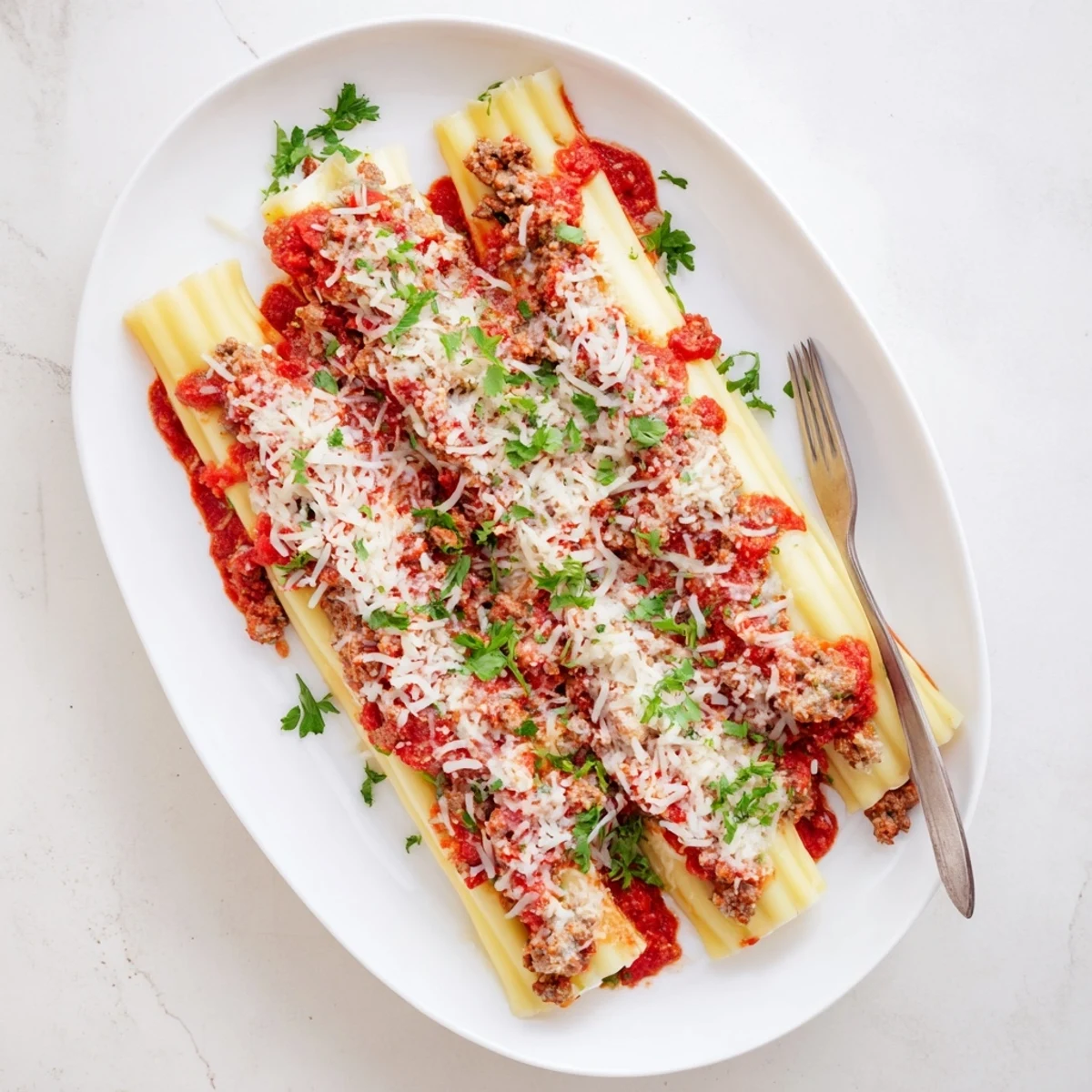 Italian manicotti with three cheese filling baked until bubbly in hearty ground beef and tomato sauce
